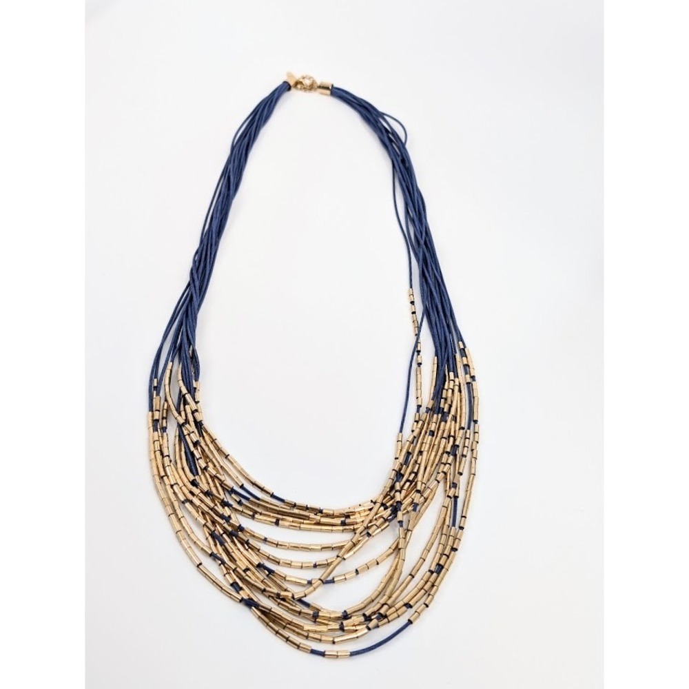 Natasha Navy Blue Multi Strand Long Necklace Layered Gold Tone Beads‎ Boho Chic